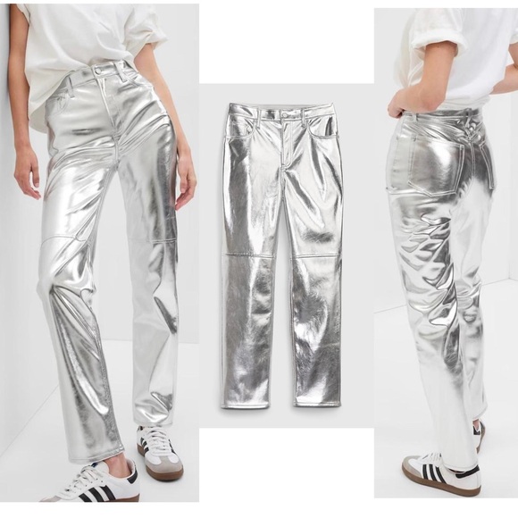 GAP Metallic Silver High Rise Vegan Faux Leather Cheeky Straight Pants Sz 29 - Picture 1 of 11